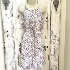 Cato Sz XL Woman's White Blue Red Sleeveless Ruffle Belted Summer Sundress Dress