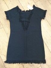 Mango Knit Shift Dress Black Open Back Size XS Frill Edges Party Cocktail 