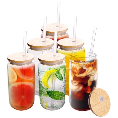 16oz Drinking Clear Cups With Bamboo Lids And Straws 6pcs