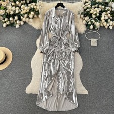 Lady Tie Waist Shirt Dress Midi Shiny Long Sleeve V-neck Button Party Gold Sexy