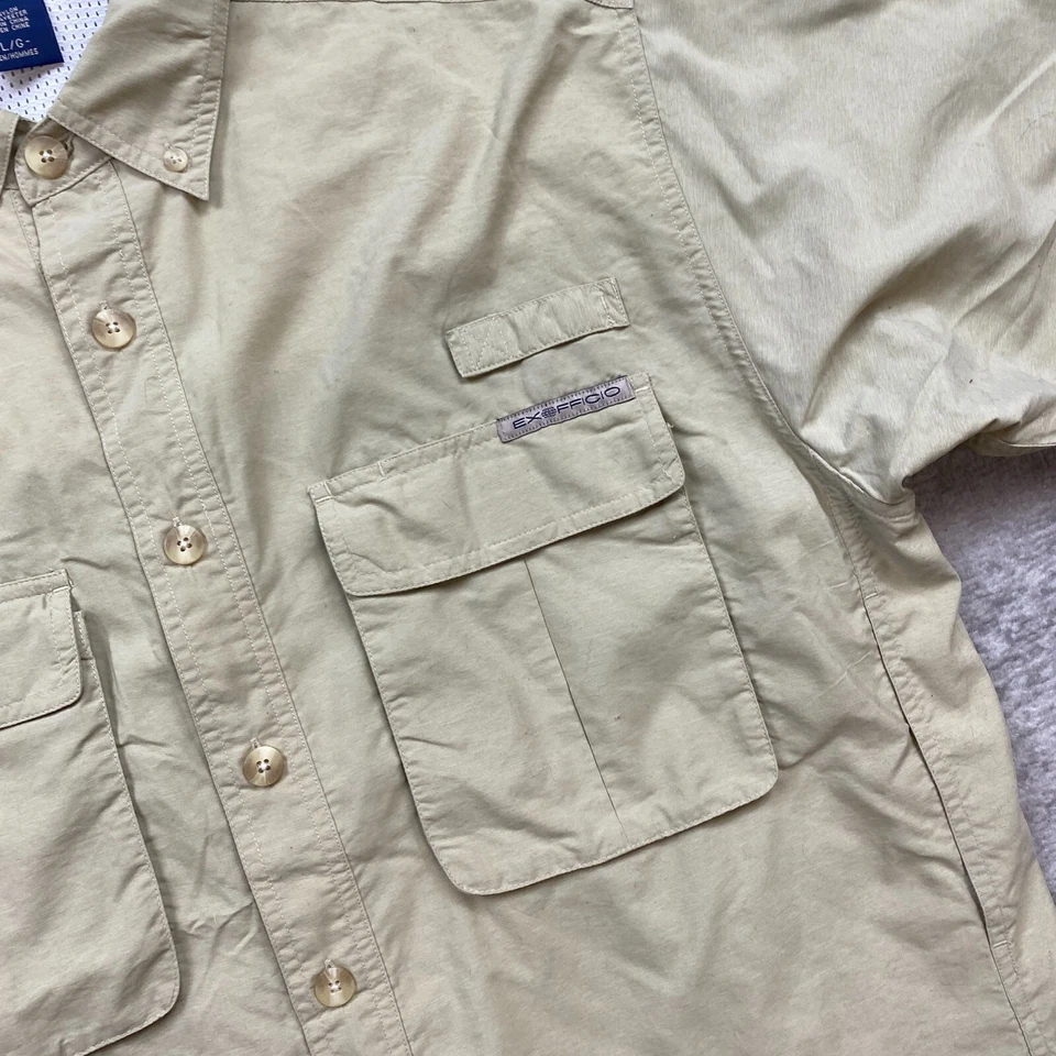 ExOfficio Adventure Shirt Large Beige Tan Fish Performance Preppy Casual Hiker - Image 2 of 4