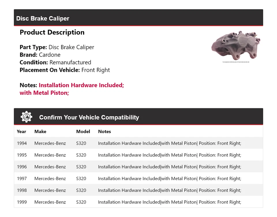 Суппорт переднего правого дискового тормоза Mercedes-Benz S320 1994-1999 годов выпуска Cardone 1995 - Изображение 2 из 4
