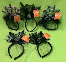 Lot of 5 Halloween Witch Hat Headband W/ Mesh Veil, Flower  Feathers  Spiders