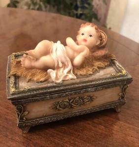 Vintage Baby Jesus Trinket Box CFO Christmas Nativity Footed Box w Lid