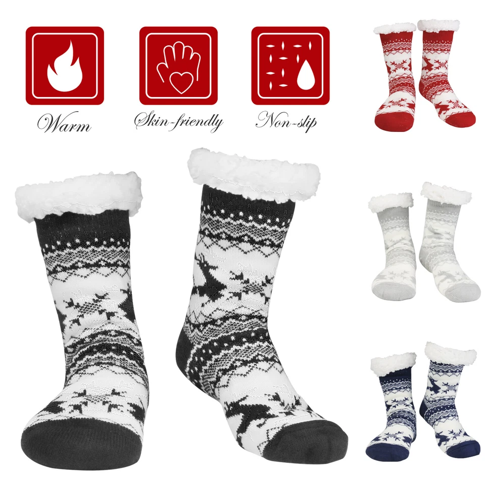 Invierno Mujeres Calcetines Gruesos Acogedores Difusos Sherpa Forrados de Vellón Térmicos Antideslizantes Zapatilla Foto 2 de 4