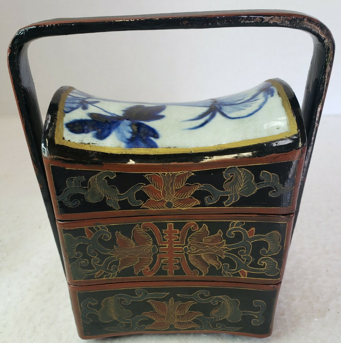 VINTAGE STACKING ボックス Vintage Chinese STACKING BOX with Blue/White Porcelain Insert