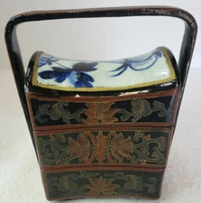 Vintage Chinese STACKING BOX  with Blue/White Porcelain Insert Handle 7" 3 Level