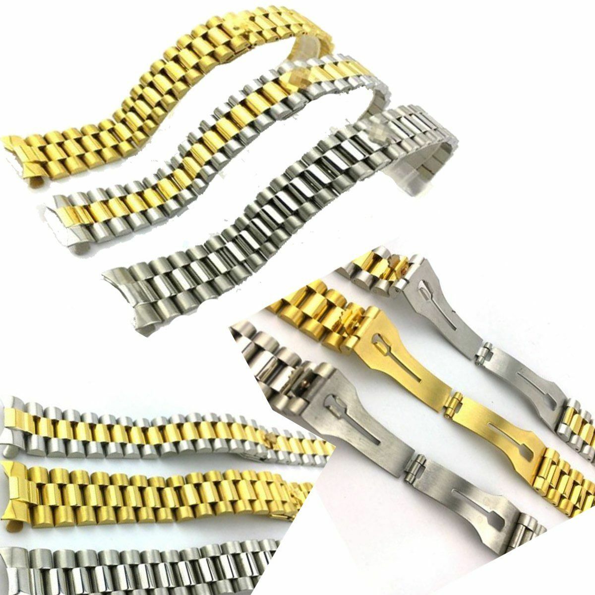 Solid Stainless Steel Strap Bracelet 20MM Curved End President Gold