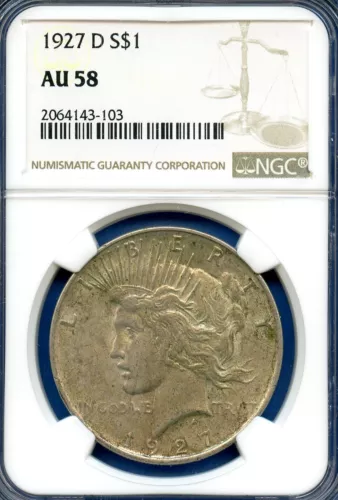 1927 D NGC AU58 Peace Silver Dollar $1 US Mint Better Date Coin 1927-D AU-58 