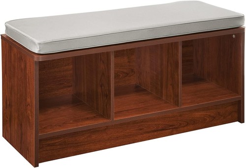 Compact Dark Cherry Storage Bench with Gray Cushion - 3 Cubes for Organization - Picture 3 of 12
