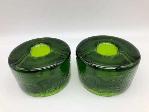 Blenko Recycled Glass Taper Candle Holders Green Puck Shape Set of 2