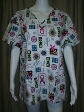 White Scrub Top-Cancer Print-Sh Slv-Scrub Star-NWT-Wms Sz M,L