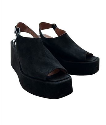Max Mara Sportmax Black Suede Leather Peep Toe Platform Sandals Size 39 US 9 