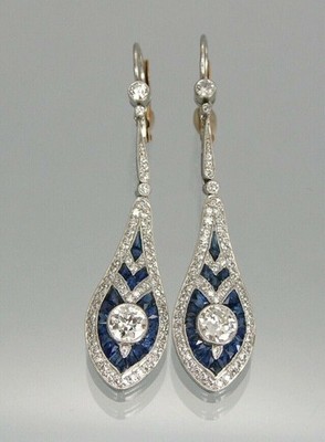 Art Deco Style Sapphire & Diamond Drop Dangle Wedding 14k White Gold FN Earrings