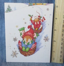 MOUSE SLEDDING ON SHELL Vintage American Greetings Christmas Greeting Card MG99