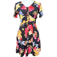 Billabong Floral Mini Dress XS Black V Neck Button Front Boho Summer