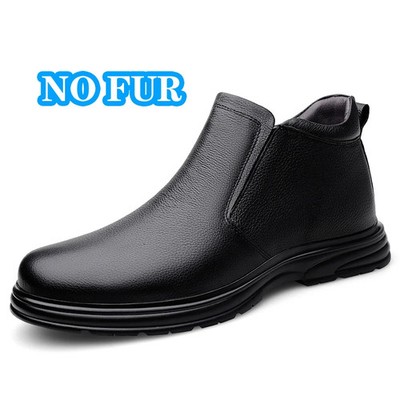 Genuine Leather Men Ankle Boots Warm Plush Fur Soft Side Zipper Business Shoes