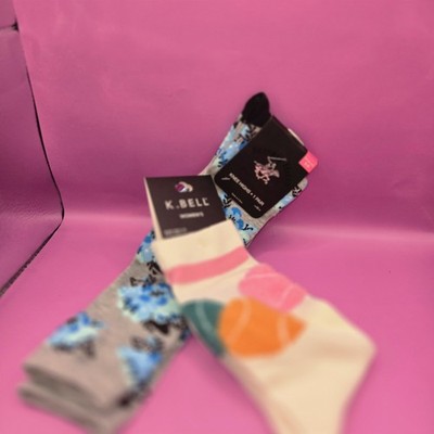 2 Pairs Women Socks Polo Club Knee High Blue Floral & K Bell Tennis Shoe Sz 4-10