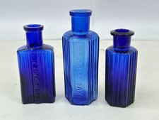 60383 Old Vintage Antique Glass Poison Bottle Hexagonal Blue NTB x3