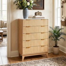 Modern Fluted 5 Drawer Dresser Storage Tower for Bedroom, Tall Wooden Cabinet