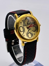 Vintage Guess Watch Mens Gold Tone Case Gold Dial Black Leather Japan Quartz