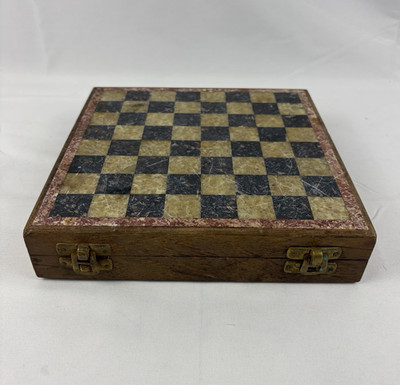 Vintage Wood & Stone Chessboard Inlay Storage Box Case w/ Hinged Lid & Latches