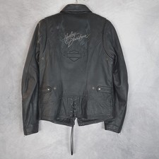 Harley-Davidson Jacket Womens Small Black Leather Flame Logo Sleeve Hit Lace Up