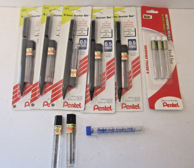 Pentel  0.5 MM Starter Kit  Automatic Pencil Vintage Lot of Erasers And Pencils