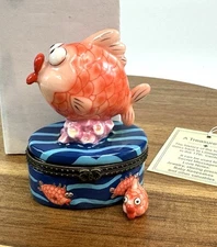 Porcelain Hinged Trinket Box Kooky Fish Anthropomorphic Orange Goldfish