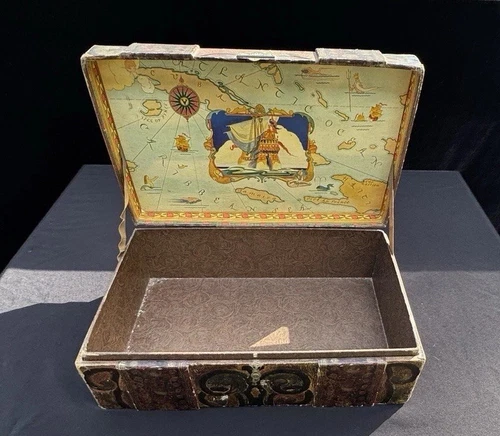 Early Antique Dome Lid Toy Trunk Metal Hinge 1900’s Treasure Map Inside 12.5”