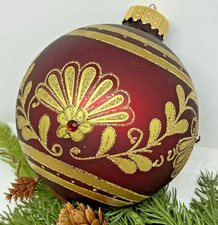 Large Round Glass Satin Red  Gold Glitter Christmas Ornament