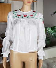 Vintage Hungarian  Floral 100 Silk Sheer Embroidered Peasant Blouse Folk