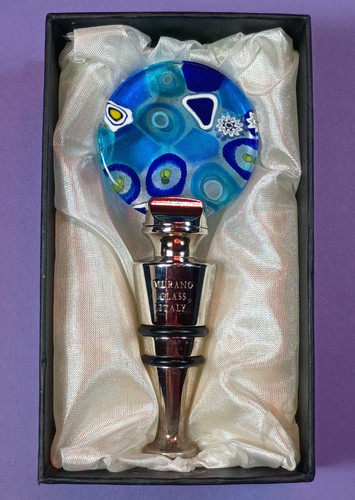Murano Glass Italy Wine Bottle Stopper Round Blue Abstract Art