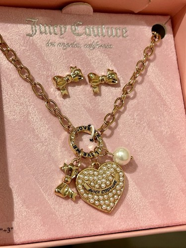 Juicy Couture Herz Anhänger Halskette & Schleife Ohrstecker Set Perlen verziert - Bild 1 von 5