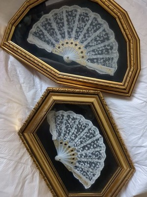 Vintage Lace Hand Fan Framed Gold Gilt Ornate Shadowbox Wall Art Lot Of 2