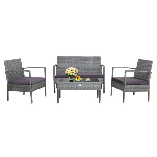 4 PCS Patio Rattan Furniture Set Sectional Conversation Sofa Set for Backyard