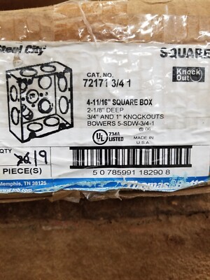 Thomas & Betts 72171 4-11/16'' Square Box, 2-1/8'' Deep, 3/4''- 1'' KO, Box of 19