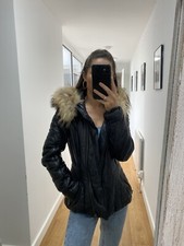 Giorgio And Mario Womens Leather Jacket Puffa Coat Racoon Fur Hood Trim 34 Xs