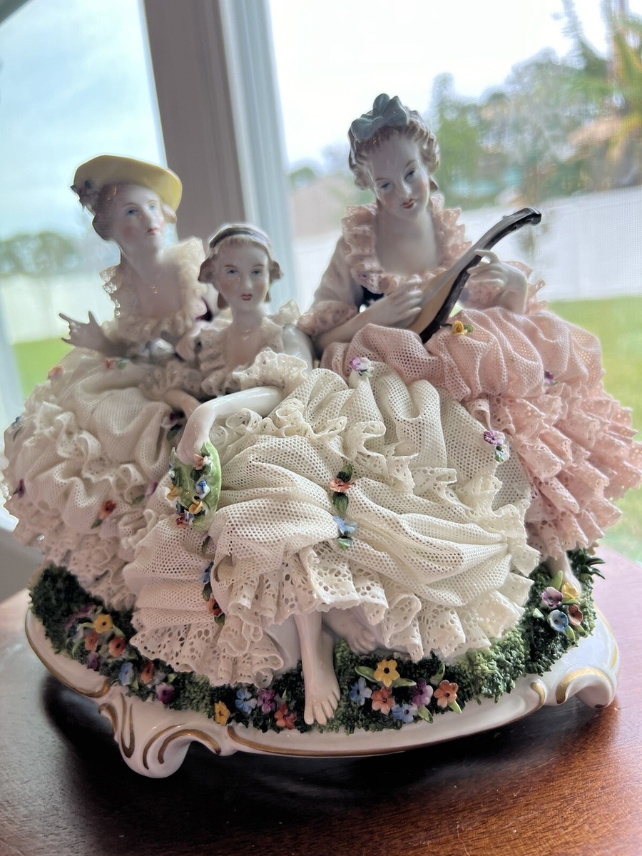 Dresden Porcelain Figurine 3 Lady Germany Net Lace Antique Vtg | eBay