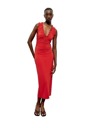 Zara Womens Strapless Draped Midi Sheath Dress Black Stretch Back Slit, Sz  L | eBay