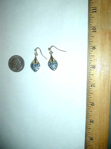 DANGLE PUFFY BLUE CRYSTAL Filled GOLD HEART WIRE Betsey Johnson Pierced EARRINGS - Picture 7 of 8
