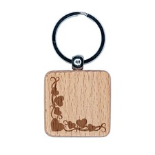 Swirly Heart Corner Border Engraved Wood Square Keychain Tag Charm