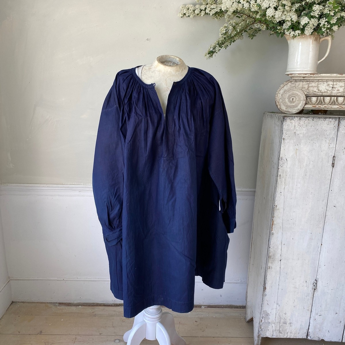 Large Linen French Antique smock dyed indigo blue Chintz