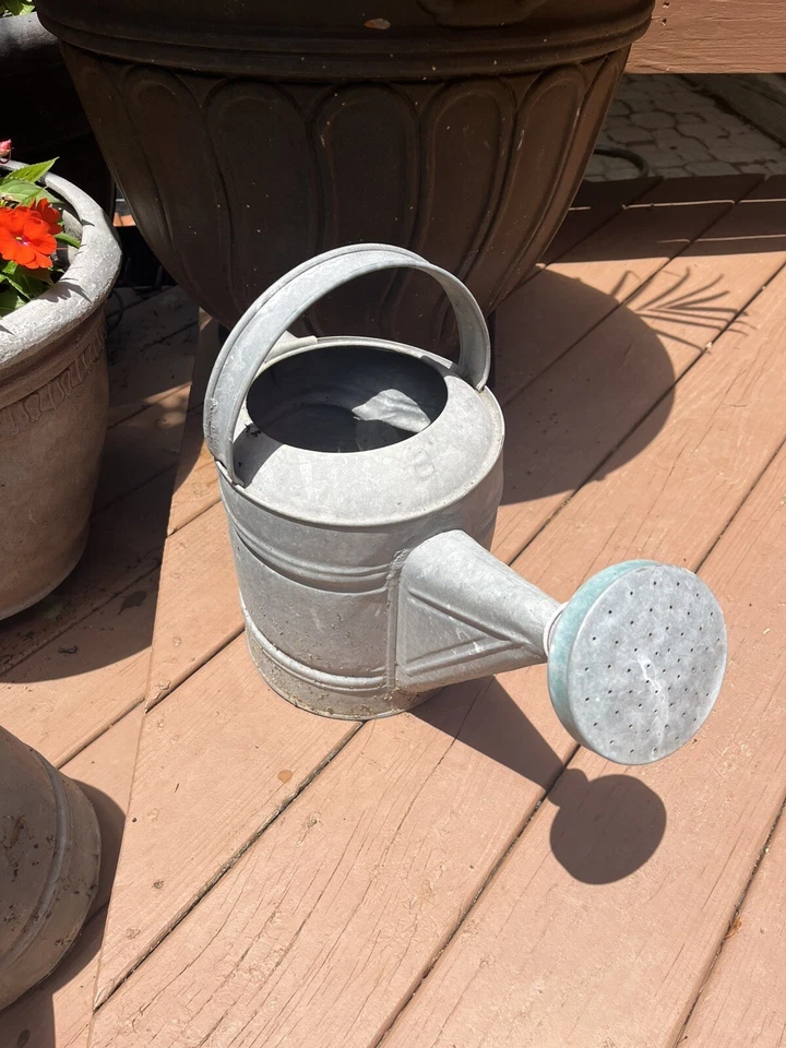 Lot Of Two Vintage Watering Cans Galvanized Metal Double Handle & Sprinkler Head - Image 2 of 4