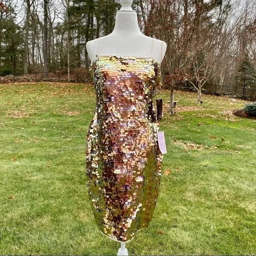NWT BHLDN Aidan Mattox Starla Sequin Midi Dress Cocktail Formal Gold Size 8 - Picture 12 of 12