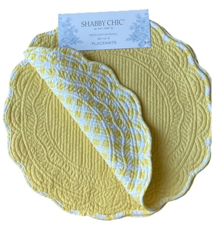 Shabby Chic Yellow Reversible Round Scalloped Quilted Cotton Placemats Set/4
