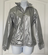 Koppen Windbreaker Jacket Womens Small Silver Hood Hidden Full Zip W/pockets