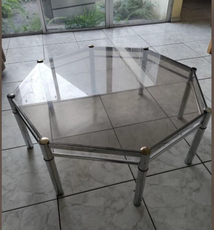 Винтажный восьмиугольный коктейльный стол Hollywood Regency из копченого стекла и хрома - Изображение 3 из 3