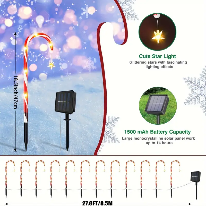 12pcs Solar Candy Cane Pathway Light Christmas Outdoor Home Christmas