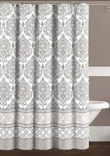 Grey Taupe White Canvas Fabric Shower Curtain Floral Damask Geometric BorderNWOP